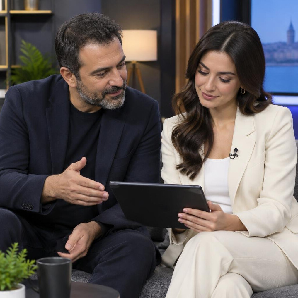 Turkish coach giving feedback to a television presenter