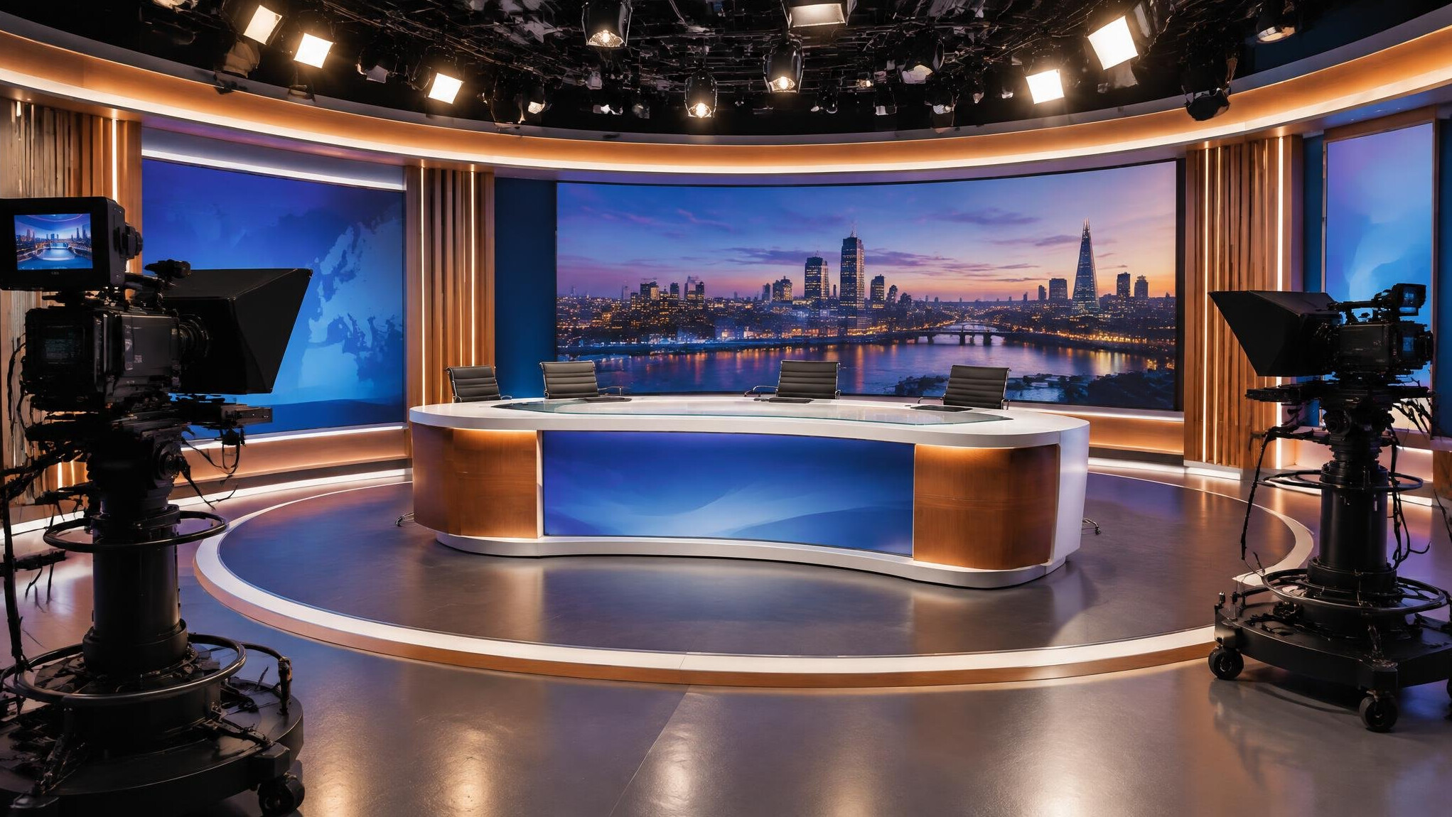 Empty television studio set with presenter desk, cameras and warm lights